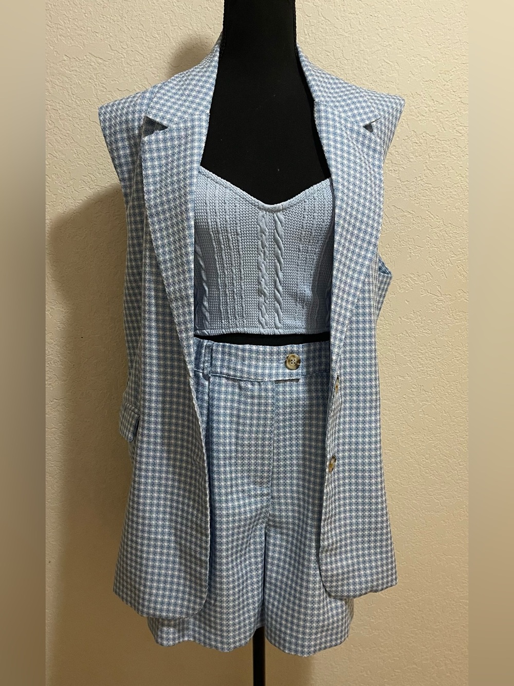 Fashion Nova Light Blue Gingham High-Waist Shorts Set